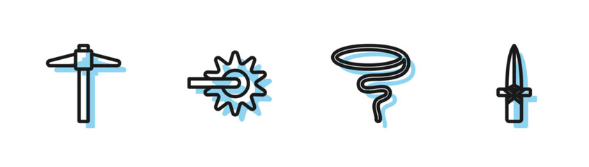 Set line Lasso, Pickaxe, Spur and Dagger icon. Vector