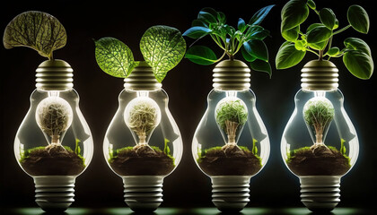 energy saving light bulb with green plant, Generative AI