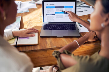 Laptop, website page and people meeting for digital marketing, planning strategy and summary of company on screen. Computer web design, IT business and women clients reading about us or infographics