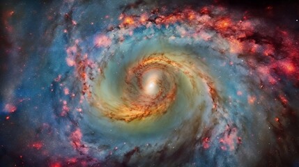 An expansive galaxy with swirling clouds of colorful gases and millions of twinkling stars.