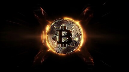 An AI-generated image of a golden bitcoin surrounded by a glowing aura on a dark background.