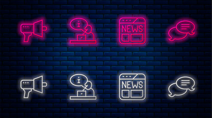 Set line Television report, News, Megaphone and Speech bubble chat. Glowing neon icon on brick wall. Vector