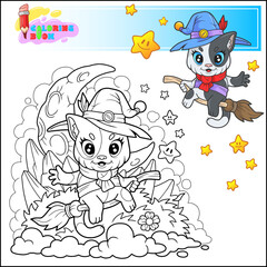 cute cartoon cat witch coloring book