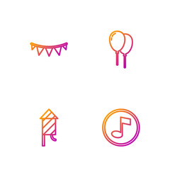 Set line Music note, tone, Firework rocket, Carnival garland with flags and Balloons ribbon. Gradient color icons. Vector
