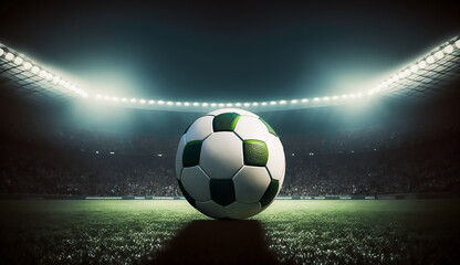 Fototapeta premium football in the center of the stadium illuminated by the headlights, soccer sport, generative ai.