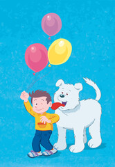 Young boy holding three balloons with his white dog