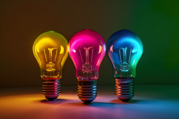 An imaginary concept of a light bulb in several colours and against several coloured backgrounds. Created with the help of artificial intelligence.
