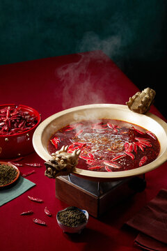 Closeup soup base of spicy hot pot