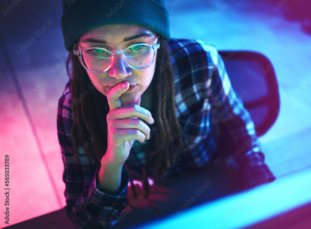 Aufkleber Cyber security, focus and woman hacker working on a computer in the basement at night for phishing. Database, password and ransomware with a female coder hacking a digital transformation network