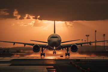 Airplane taking off or landing from the runaway in the sunset . Golden hour photo. Vacation airliner jet angine plane take off. Ai generated - obrazy, fototapety, plakaty