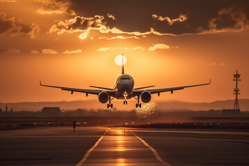 Fototapeta premium Airplane taking off or landing from the runaway in the sunset . Golden hour photo. Vacation airliner jet angine plane take off. Ai generated