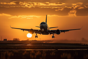 Fototapeta na wymiar Airplane taking off or landing from the runaway in the sunset . Golden hour photo. Vacation airliner jet angine plane take off. Ai generated