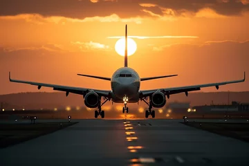 Fotobehang Airplane taking off or landing from the runaway in the sunset . Golden hour photo. Vacation airliner jet angine plane take off. Ai generated © dragomirescu
