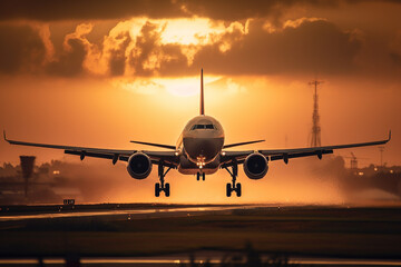 Fototapeta na wymiar Airplane taking off or landing from the runaway in the sunset . Golden hour photo. Vacation airliner jet angine plane take off. Ai generated