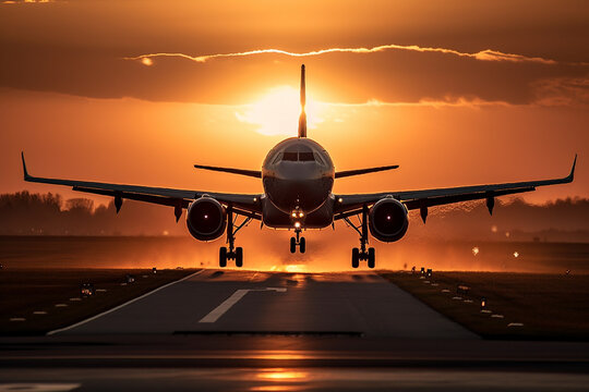 Airplane taking off or landing from the runaway in the sunset . Golden hour photo. Vacation airliner jet angine plane take off. Ai generated