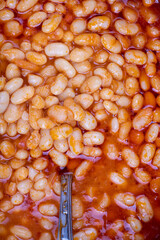 Dry bean meal. Top view of dried bean dish in a pot. Local name kuru fasulye