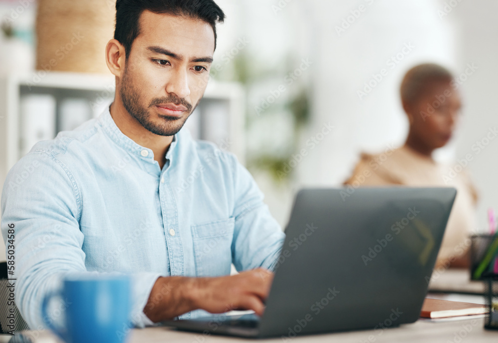 Aufkleber asian man, laptop and typing in startup office for planning, schedule or proposal in workplace. web 