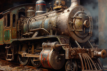 Plakat An old steam locomotive rides on rails. AI Generated