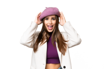 Young beautiful woman over isolated chroma key background with surprise expression