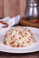 Rice dish. Turkish style rice pilaf. local name arpa sehriyeli pilav. Close up
