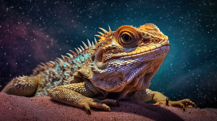 Fototapeta premium A vibrant, cosmic bearded dragon, its scales reflecting the colors of the cosmos, resting on a celestial sand dune (created with generative ai)