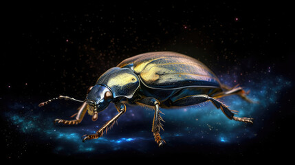 A blue and gold celestial scarab beetle crawling over a luminous meteor shower, leaving a trail of sparkling stardust (created with generative ai)