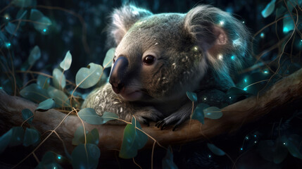 A luminescent koala, its fur adorned with glowing constellations, peacefully sleeping on a cosmic eucalyptus branch - Generative AI