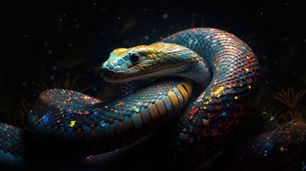 A luminous, multicolored snake, its scales reflecting the light of a million stars, coiled around a celestial pillar - Generative AI
