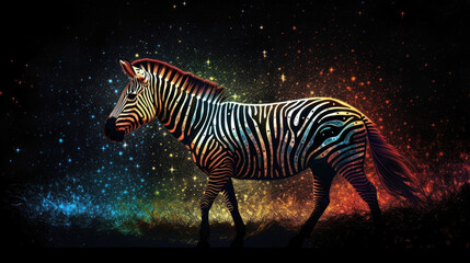 Fototapeta na wymiar A luminous, cosmic zebra, its stripes like the trails of shooting stars, galloping through a nebula-filled savanna - Generative AI