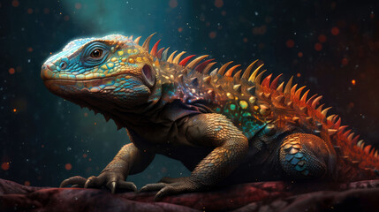 Fototapeta premium Vibrant Lizard Basks on Cosmic Asteroid - Generative AI