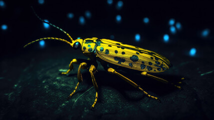 yellow bug with black dots sits on a dark surface - Generative AI