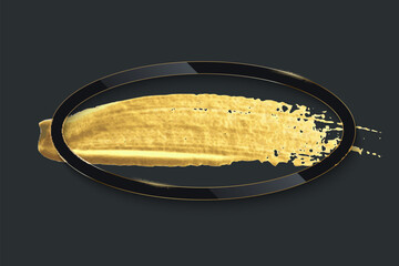 Black ellipse border on golden brush stroke vector illustration. Realistic 3d frame of round geometric shape, gold splash smear on paper, decoration with shiny effect isolated on black background