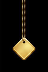 Fototapeta premium Empty rhombus golden military or dogs badge hanging on chain. Vector army object isolated on black background. Pendant with blank space for identification, blood type in case of death and injury