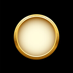Gold coin vector illustration. 3d realistic golden money cash or treasure sign, isolated shiny medal or premium game prize, front view of metal medallion with round border frame on black background