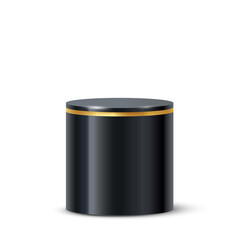 Cylinder podium with golden frame vector illustration. 3D realistic empty black platform pedestal for product display in showroom isolated on white background
