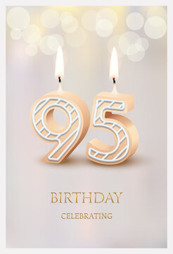 Happy birthday greeting card with 95 number candles vector illustration. 3d candlelight in poster design for anniversary party celebration, cute ninety five invitation template candles for sweet cake