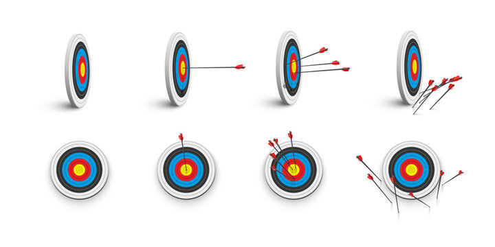 3d archery target with arrows set, front and isometric view vector illustration. Realistic isolated dartboard collection with arrows in bullseye center, archers darts hit or miss circle boards