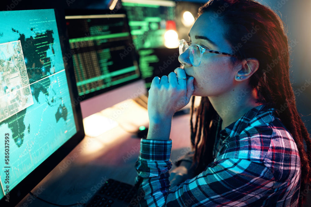 Aufkleber Woman, computer screen and hacker thinking with software, data programming or cybersecurity. Idea, coder and female reading map for hacking, location or phishing, info on dark web at night in home.