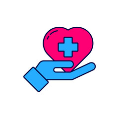 Filled outline Heart with a cross icon isolated on white background. First aid. Healthcare, medical and pharmacy sign. Vector