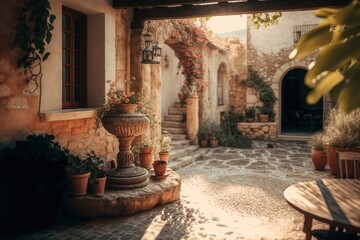 Fototapeta na wymiar Mediterranean Terrace with Sun-filled Courtyard, Stone Walls, and Mosaic Tile Fountain, Outdoor Living