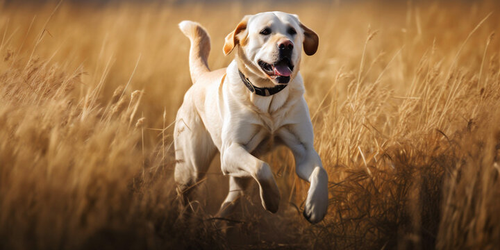 White dog labrador retriever running in the field on a sunny day.Hyper-realistic image created with generative artificial intelligence