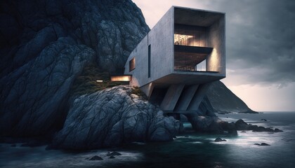 Modern house with long span concrete structure cantilevered over a ocean cliff