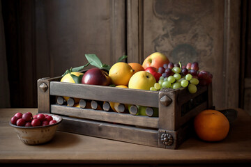 Still life with fresh fruit in a wooden box with wooden cabinets in the background. Painting style from the 1400s. Image created with generative artificial intelligence.