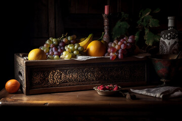 Still life grapes and fruit in a wooden box, with bottles in the background. Painting style from the 1400s. Image created with generative