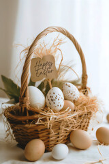 Close-up of a rectangular wicker basket with Easter eggs and Happy Easter lettering. Hyper-realistic image made with generative artificial intelligence.