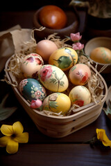 Obraz na płótnie Canvas Basket of Easter eggs decorated with flowers. Hyper-realistic image created with generative artificial intelligence.