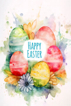 Watercolor style image of colored Easter eggs with Happy Easter in the middle. Made with generative artificial intelligence