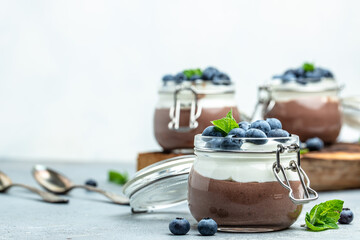 Delicious chocolate mousse or pudding with whipped cream. Chocolate panna cotta with blueberries. Chocolate pudding and greek yogurt parfait