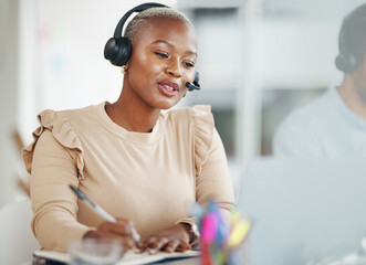 Call center and writing black woman consultant in office talking, technical support or advisory...