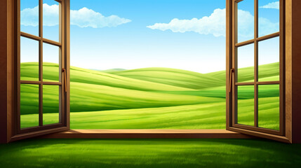 View of the landscape with window frame.Green field with blue sky and white clouds. AI generated image.